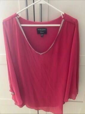 Frank Lyman Design Hot Pink V-Neck Blouse with Rhinestone Trim